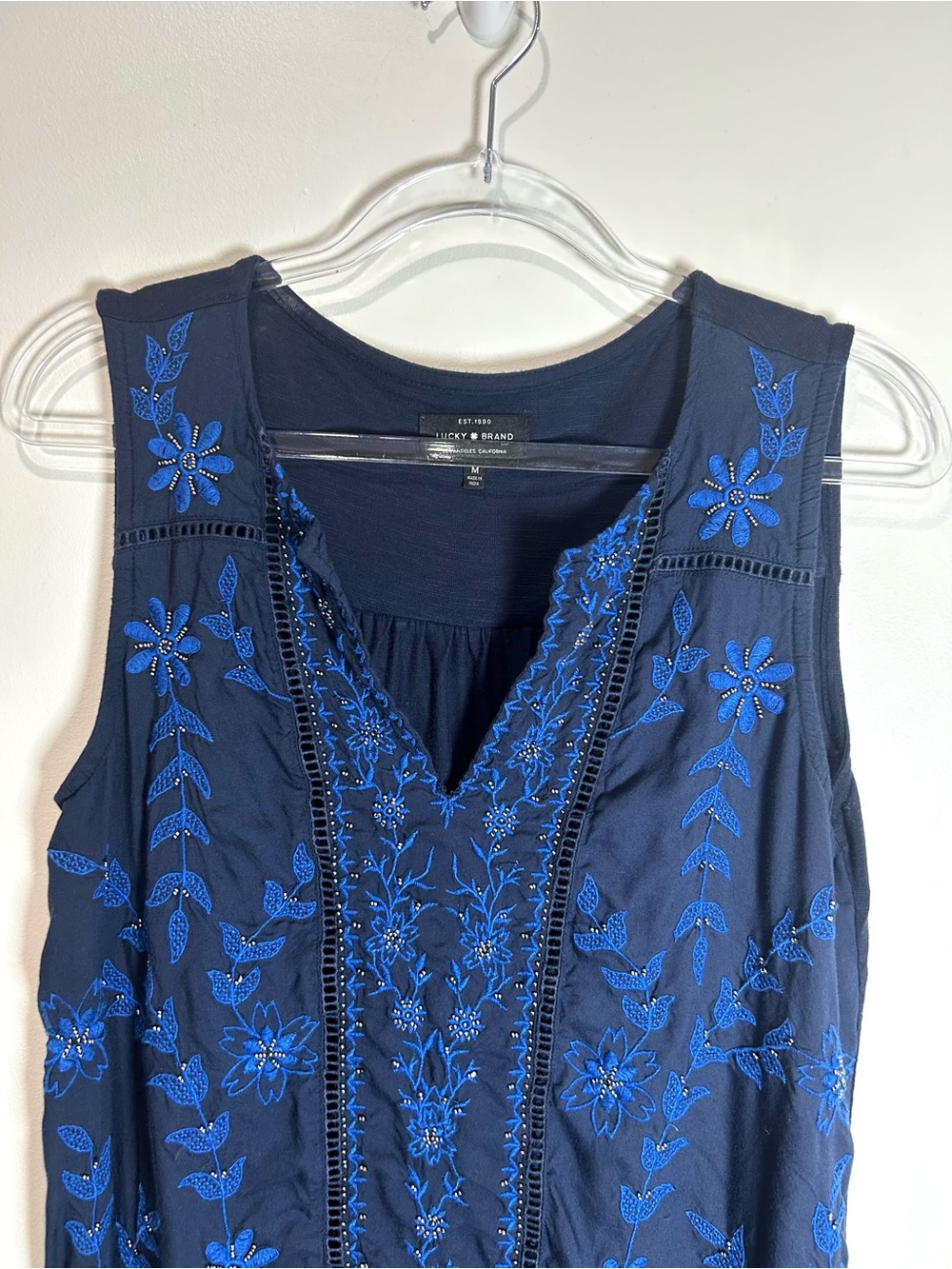 Lucky Brand Top Embroidered Beaded Boho Floral Tank Top Women M Blue Festival - Picture 2 of 11